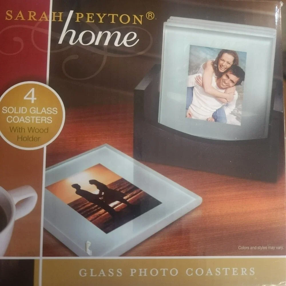 Set of 4 Frosted Glass Photo‎ Coasters with Wood Stand by Sarah Peyton Home